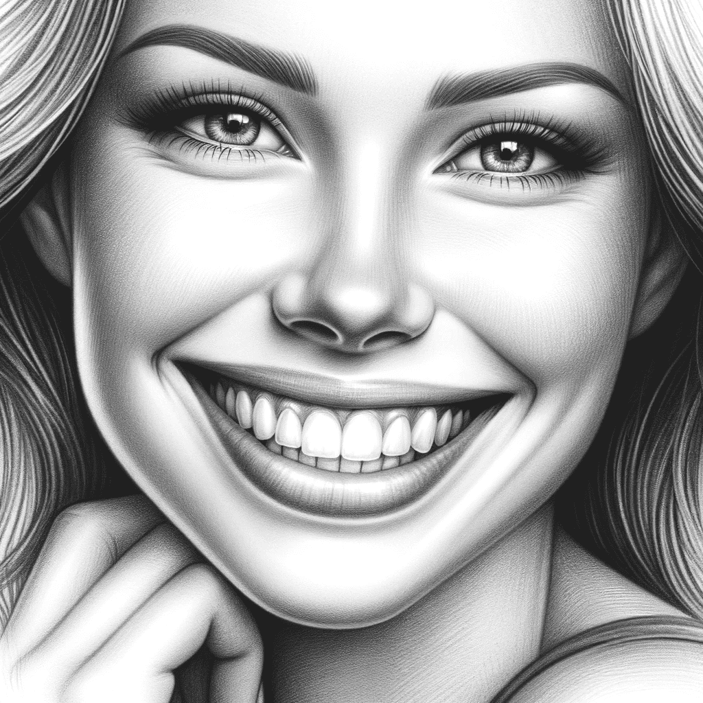 Illustration au crayon d'une femme souriante symbolisant la prévention de la carie dentaire.
