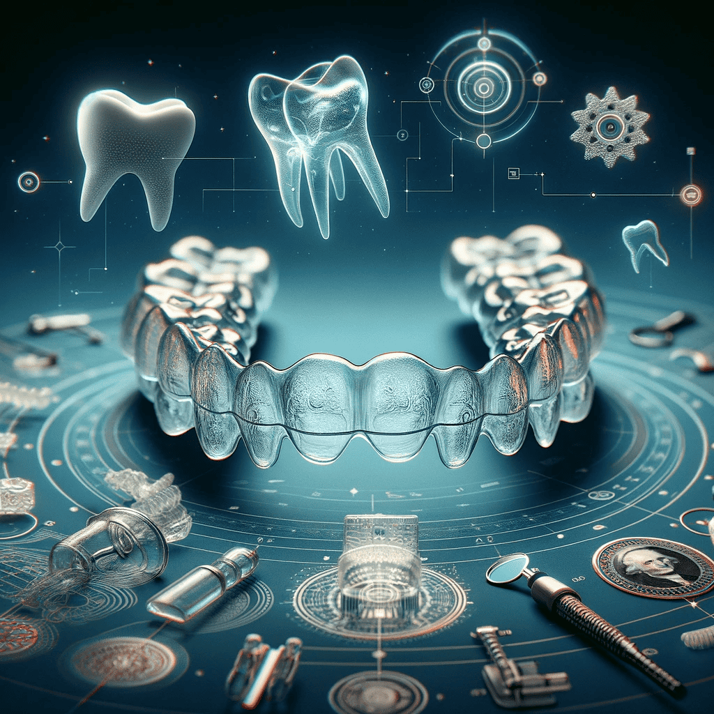 Image représentant des aligneurs dentaires transparents, avec en arrière-plan des éléments symbolisant l'innovation et l'histoire de l'orthodontie, illustrant l'évolution des traitements dentaires.