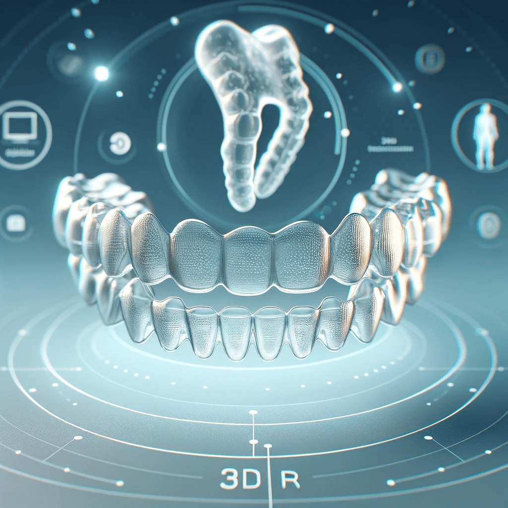 Image montrant des aligneurs dentaires transparents avec un arrière-plan évoquant la technologie 3D, symbolisant les solutions orthodontiques modernes et personnalisées.
