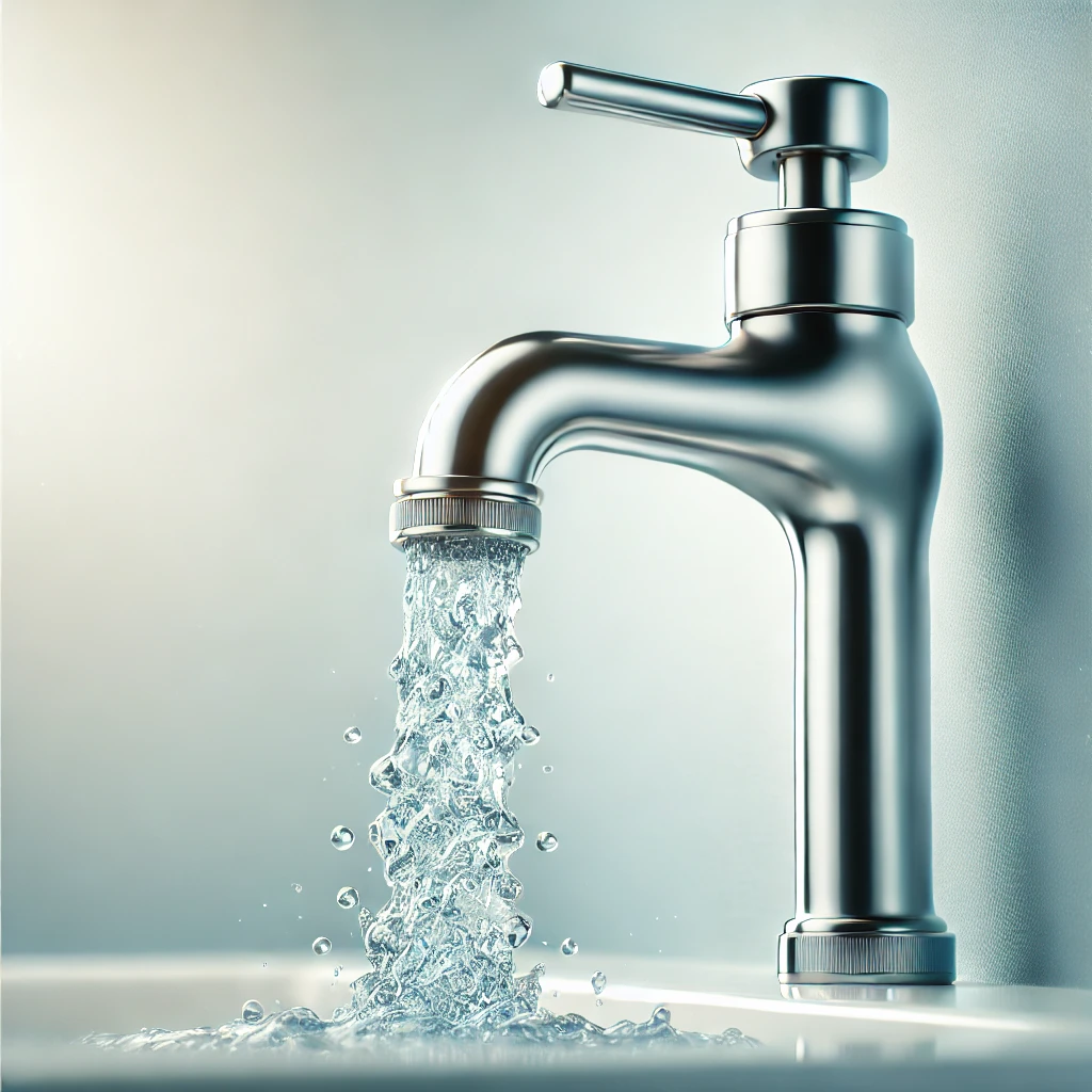 Un robinet d'eau moderne avec un flux d'eau clair, symbolisant l'importance de la fluoration de l'eau pour la santé dentaire et la prévention des caries.