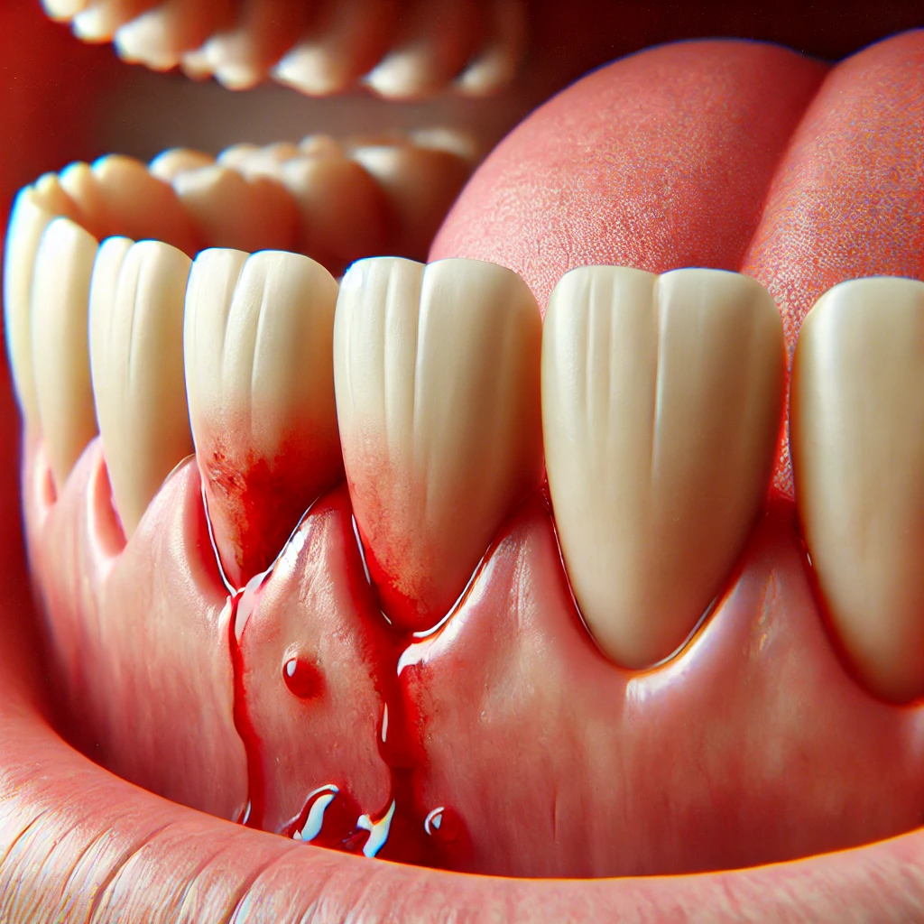 Image de gencives avec un léger saignement le long de la ligne gingivale, illustrant une inflammation modérée nécessitant des soins bucco-dentaires.