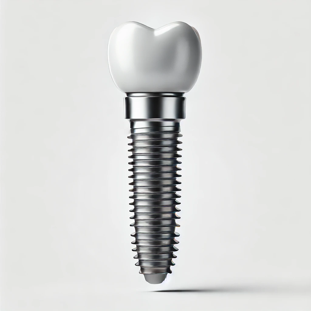 Illustration schématique d’un implant dentaire en titane, composé d’un pilier cylindrique fileté, d’un pilier de connexion et d’une couronne dentaire.