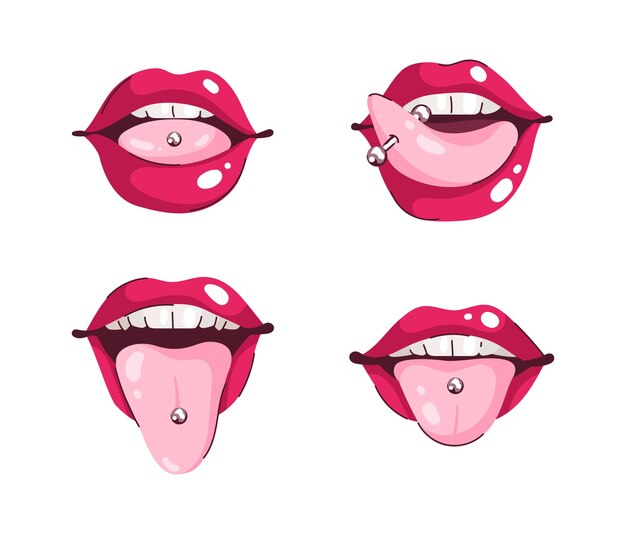Illustration de bouches avec différents piercings de langue, incluant des bijoux en métal sur la langue, soulignant les tendances et les risques pour la santé bucco-dentaire.